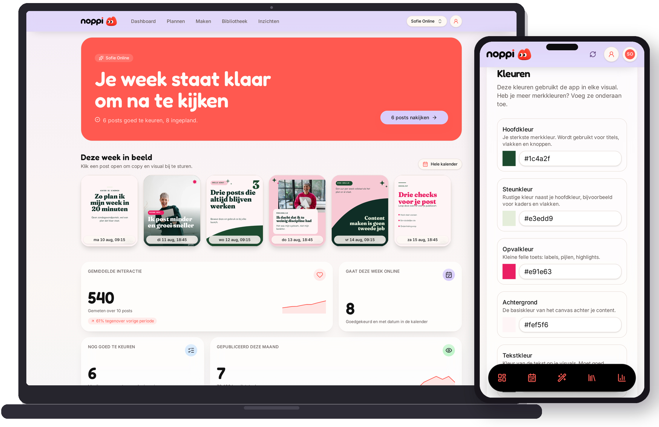 noppi met een volledige contentweek klaar op laptop en telefoon